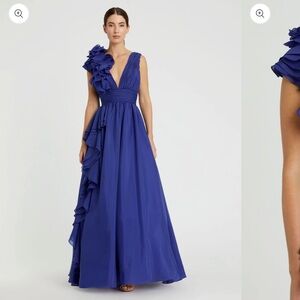 Mac Duggal Dark Blue Ruffle Shoulder V-Neck Chiffon Gown
